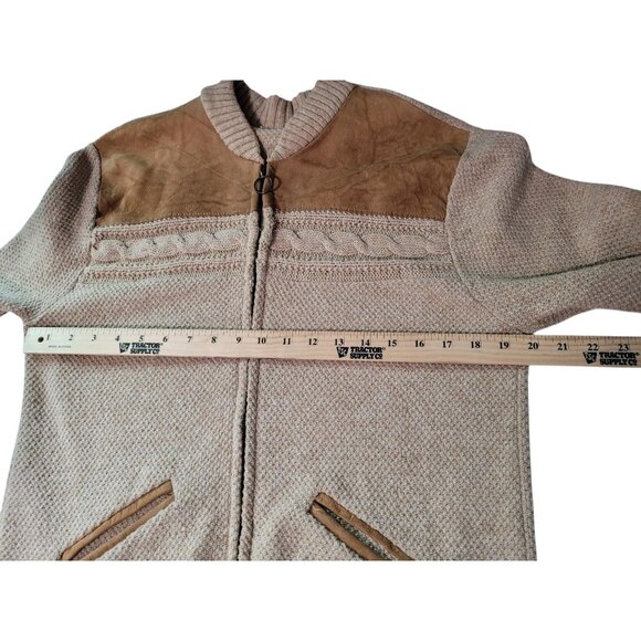 Vintage 1960's Cardigan Mens S/M Full Zip Cardigan Pockets Suede Yoke Tan Brown - Picture 9 of 12